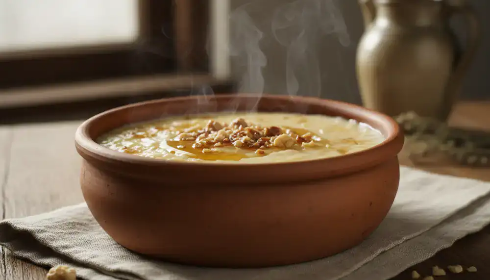 Traditional sweet creamy dessert served in a clay bowl