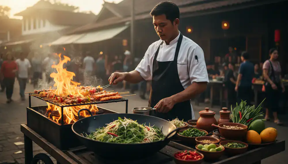 Chef preparing vibrant local street food over an open flame