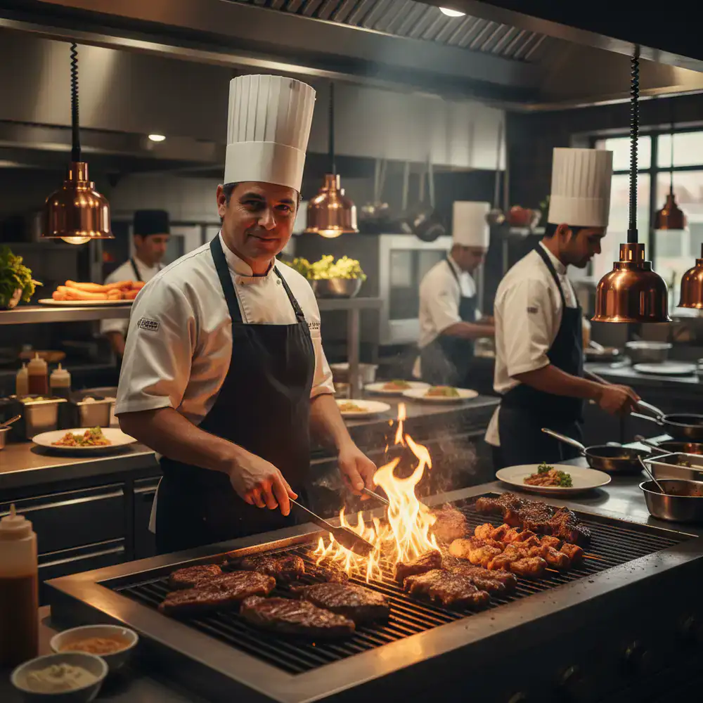 Grill master cooking meats in a bustling kitchen